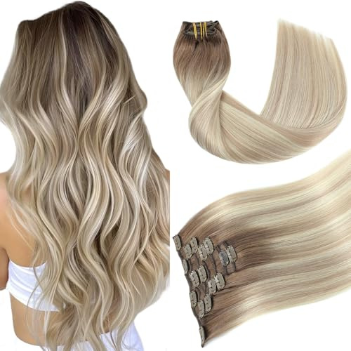 Youngsmile Clip in Extensions Echthaar Ombre Blond 35cm 120G/7Stück Remy Echthaar Clip Extensions Hellbraun Balayage Dunkel Aschblond Ombre Platinblond (clip#8/60/18-14Zoll)