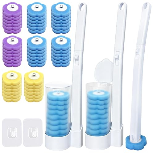 TZEKING Set Escobillas de Baño Desechable 54 Piezas, 2 Cepillos WC con Mango Largo y Sistema a Clic, 2 Soportes de Pared con Adhesivo, 48 Rellenos Detergentes en Esponja para Inodoro, Lavabo y Bañera