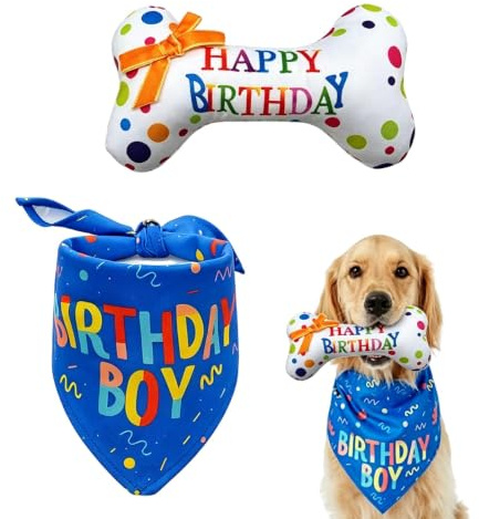 Noirwwe Dog Birthday Set, 2 Pcs Blue Bandana and Squeaky Bone Toy Gift | Blue dog birthday bandana with squeaky bone toy for cute photos, parties and playful gifts.
