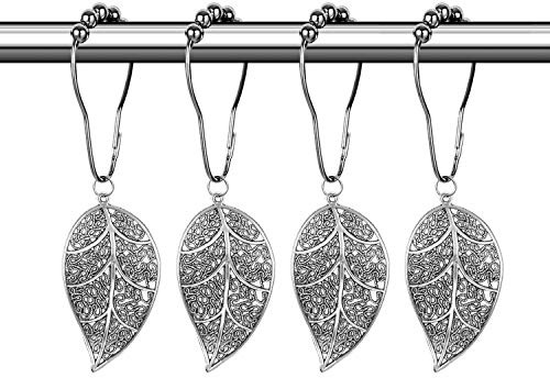 CHICTIE Silver Shower Curtain Rings Hooks,Chrome Leaves Decorative Shower Curtain Hooks,Set of 12 Stainless Steel Metal Rust-Proof Shower Rings for Bathroom Curtains Rods