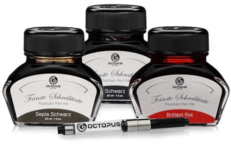 Octopus Füllhaltertinten-Set Schwarz Sepia Rot, 3 x 30 ml | Drei Tintengläser und Konverter, klassische Schreibfarben für Füllfederhalter, Glasfeder und Kalligrafiefeder