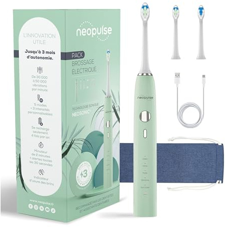 NEOSONIC® - Brosse à Dents Électrique Sonique Autonomie 3 Mois - 15 Modes - Rechargeable USB-C - Minuterie 2 Min - 2 Têtes Incluses - Garantie 2 Ans - Brosse Sonique Verte par NEOPULSE