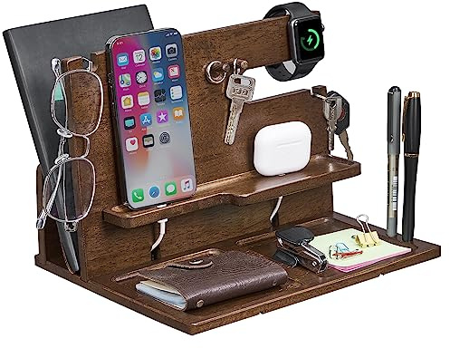 ANWBROAD Wood Phone Docking Station Gifts for Men Bedside Organiser for Him Birthday Gifts Desk Organizer Nightstand Organizer Presents for Dad JBG001Z