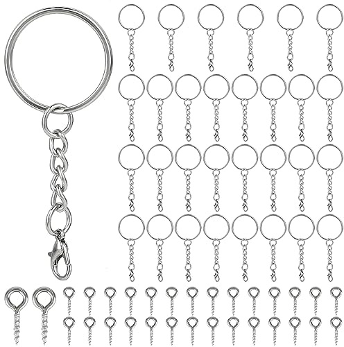 Bewudy Schlüsselring mit Kette Karabinerverschluss 60Stück Schlüsselanhänge | 30 Stück Schlüsselring mit kette+30 Stück offene Binderinge für Schlüssel DIY Tasche Schmuckherstellung