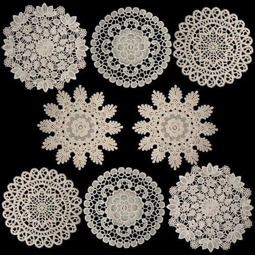 8 Pieces 8 Inch Cotton Lace Doilies Crochet Handmade Lace Coasters Round Lace Placemat Rustic Table Doilies Decors for Kitchen Dining Room Party Dressers Dream Catcher Decoration (Beige)