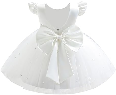 Infant Baby Girls Wedding Flower Girl Dress Ruffle Sleeve Satin Pearls Tulle Tutu Dress Bowknot V Back Pageant Party Birthday Formal Christening Baptism Dresses 6-12 Months