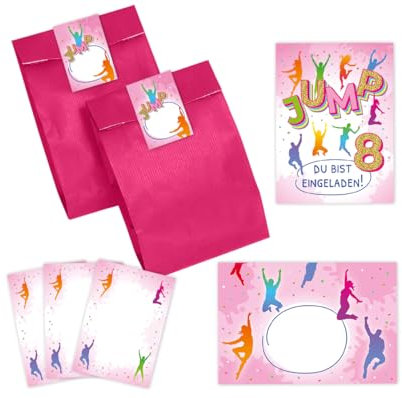 12 Einladungskarten zum 8. Kindergeburtstag Mädchen Jump Trampolin Einladungen achte Mädchengeburtstag incl. 12 Umschläge, 12 Partytüten/pink, 12 Aufkleber, 12 Mini-Notizblöcke