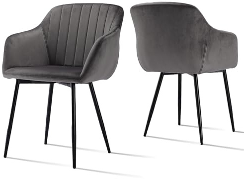 Goeurvant Esszimmerstühle 2er Set mit Armlehnen - Polsterstühle aus Samt, Küchenstühle, Armlehnenstuhl mit Metallgestell für Esszimmer, Wohnzimmer, Dunkelgrau