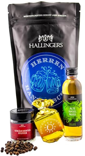 Hallingers Genuss Manufaktur Feinkost Vatertagsgeschenk-Set - wertig in der Wundertüte Herrenhandtasche kleines Mitbringsel Nougat-Busserl, Haselnuss-Likör & Pfeffer, Geschenkidee für Papa Opa