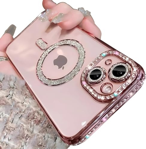 Sitthyw - Custodia per iPhone 13, con magnete e glitter, trasparente, placcatura diamantata, motivo ragazza, antigraffio, protezione per fotocamera, custodia protettiva con cristalli scintillanti