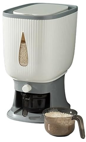 GAOCUNBING Rice Dispenser, 10Kg Rice Storage Container, Storage Cereal Dispenser, Large Sealed Grain Container with Lid Measuring Cylinde Moisture Proof Cereal Dispenser grey