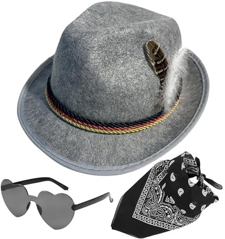 Wuyooprt Alpenhut – Deutscher Jägerhut aus Kunstleder, 1 Set, Kopftuch, Brille, Vliesstoff, deutscher Jägerhut, Oktoberfest, Kostümzubehör für Herren