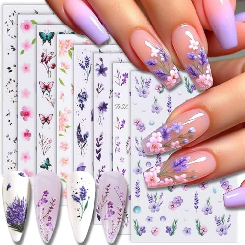 8 Fogli Primavera Fiori Adesivi Unghie Nail Art, Adesivi per Unghie con Fiori Colorati per Nail Art Stickers Unghie Autoadesivi Decorazioni DIY per Donne Ragazze