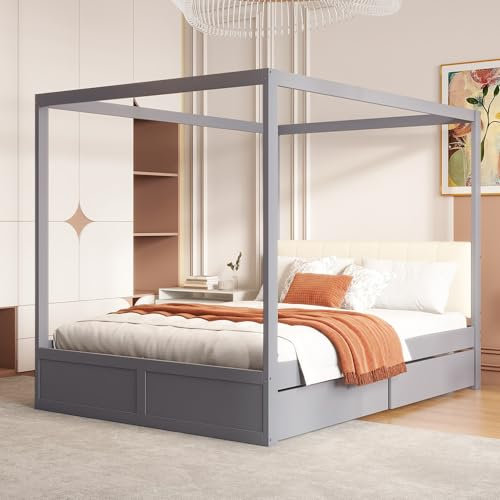 Kebnor Cama con dosel con cajones grandes y respaldo suave, cama de madera 140 x 200 cm (sin colchón) (gris)