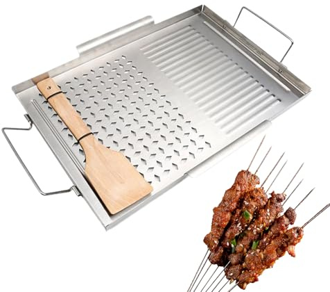 Plancha de acero inoxidable para parrilla de gass, 43 cm x 29 cm, universales, con superficie plana y espátula de madera, ideal para parrillas de carbón y gass