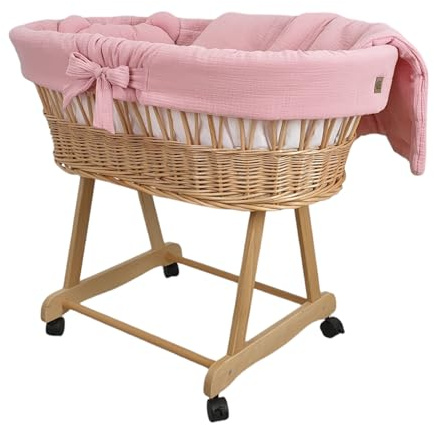 Wiklinopol Stubenwagen aus Weide mit Gestell & Matratze Amelia – Moseskorb in Natur – Set Musselin-Bettwäsche in Rosa – Weidenkorb, Tragbar, Ideal für Neugeborene