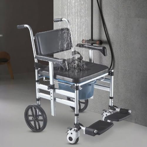Sedia a Rotelle per WC da Doccia, Sedia WC Comoda per Anziani Disabili, Sedia da Toilette Mobile con Freno e Vasino, Sgabello Bagno Doccia, Impermeabile e Antiscivolo, Nero
