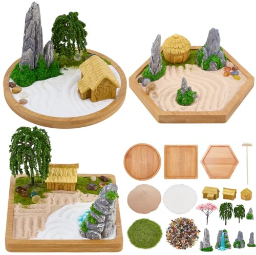 WEBEEDY 3 Sets Japanese Mini Zen Garden Kit for Desktop Decor, DIY Miniature Zen Garden Set with Bamboo Tray, Sand, Tools, Accessories Gifts for Christmas Home and Office Decor
