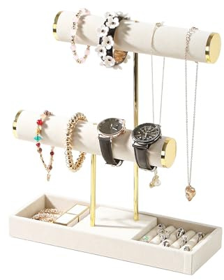 Coward Armband-Halskettenhalter, T-Halter, Schmuckhalter, Schmuck-Organizer mit Ablage für Halsketten, Armreifen, Ringe, Ohrringe, Uhren (Beiger Samt)