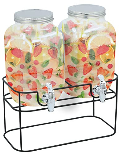 LIVHOME 2 x 4L Glass Drinks Dispenser with Stand Tap Mason Jar Beverage Dispensers Party Drink Container for BBQ Picnic Juice Cocktail Water