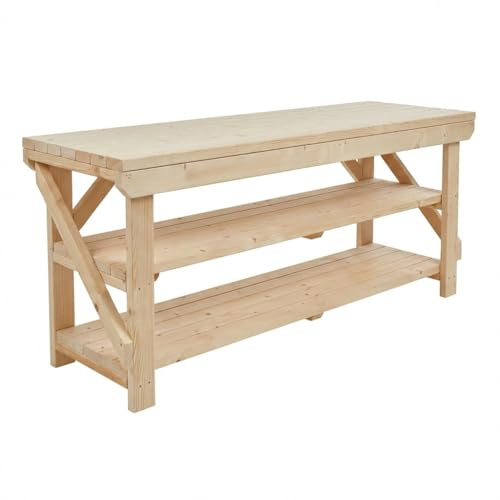 Arbor Garden Solutions 8ft Heavy Duty All-Timber Workbench - 38mm Solid Wood Top and Double Shelf - 64cm Deep Static Acorn Work Table (240cm)