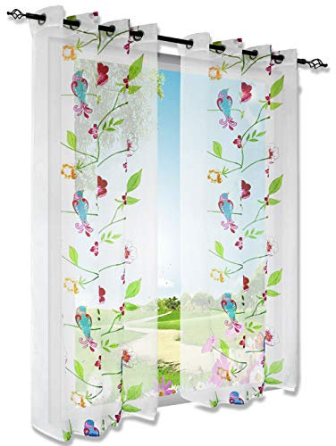 BAILEY JO 1er-Pack Gardinen mit Frisch Vögel und Blumen Design Vorhang Transparent Voile Vorhänge