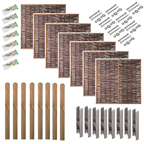 Sichtschutz Weide Premium Weidenzaun Komplettset 13,3 m – 7 Zaunfelder 180x180 cm mit Holzrahmen & Mittelstrebe, 8 braune Pfosten 9x9x190 cm, H-Anker & Zubehör