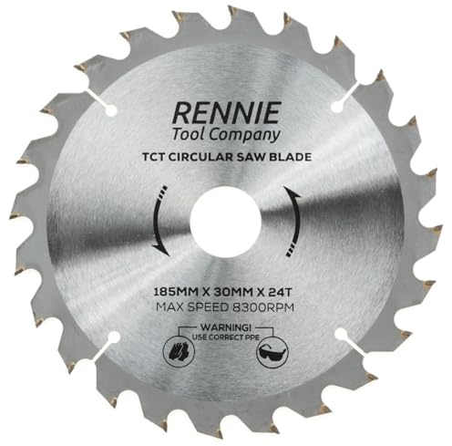 185mm x 24T TCT Saw Blade. 185mm Circular Saw Blade For Rip Cuts x 30mm Bore + 25mm/20mm/16mm Bore Reduction Rings Fits Evolution Bosch Makita Ryobi Dewalt Circular Saws etc, Fits 190mm Circular Saw
