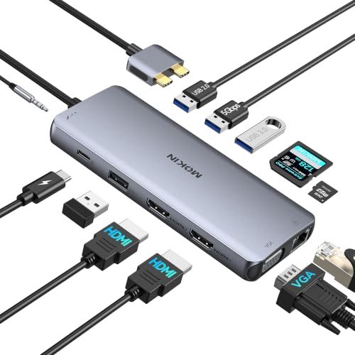 MOKiN MacBook Air/Pro Docking Station Doppel Monitor HDMI Adapter USB C | 12 en 1 Mac HDMI Dock Dongle Dual USB C auf Dual HDMI VGA Ethernet AUX 4USB SD TF100W PD für MacBook Pro/Air 2026/2025/2024
