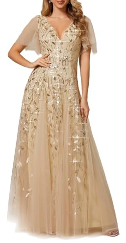 Ever-Pretty Women's V Neck Short Sleeve Elegant Floor Length A Line Long Tulle Evening Dresses Gold 16UK