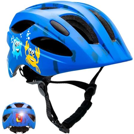 Crazy Safety Cool Kinder Fahrradhelm | Fahrradhelm Kinder 6-12 Jahre für Fahrrad, Skateboard, Mountainbike, Inlineskates | USB-aufladbares Rücklicht | Verstellbarer Fahrradhelm 54-58 cm (Blau)