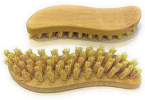HOMESHOPA Wooden Scrubbing Brush, 2 Pack Heavy Duty Hand Brush with Hard Stiff Bristles, Curved Ergonomic Handle, Cleaning Hard Floos to Remove Grime Dirt, Tile Grout Decking Boot Cleaning Brush