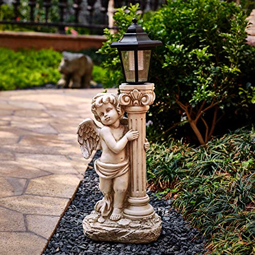 Floryden Angel Statue with Solar Lights (Left) 19.7 Inch, Solar Cherub Angel Garden Statue with Roma Pillar for Garden Decor, Porch, Patio, Yard Art Decorations, Polyresin