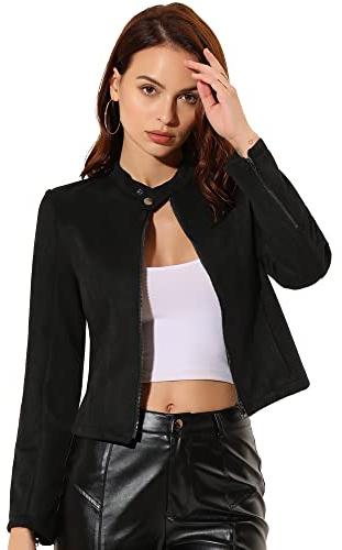 Allegra K - Chaqueta de piel sintética para mujer, cuello con cremallera, manga larga, estilo motociclista, negra, L