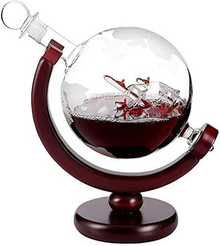 TSTSM Mini World Geätzte Globus Dekanter Whiskey Karaffe mit Halter Rahmen für Wodka Schnaps 850ml