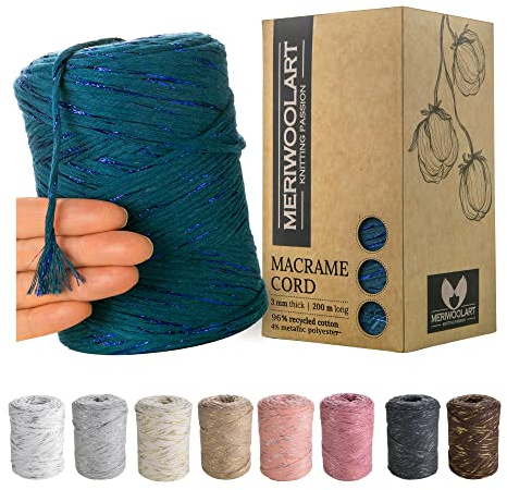 MeriWoolArt® Makramee Garn Blau - Makramee Garn 3mm farbig 200m - Super weiches Garn, einfach gedrehte Makramee Schnur - Öko-Tex 96% recyceltes Baumwollgarn farbig - DIY Boho Deko Makramee