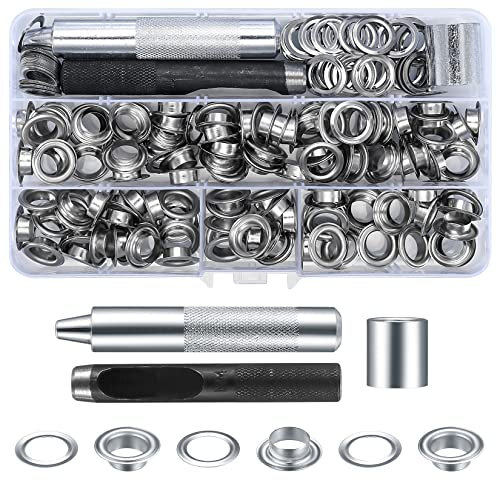 120 Kit Occhiello Passacavi Grommet Rondelle, Occhielli di Metallo Strumento Set, Occhiello Anelli Passacavo con Strumenti Installazione Kit per Telone Tessuto Tenda Fai da Te