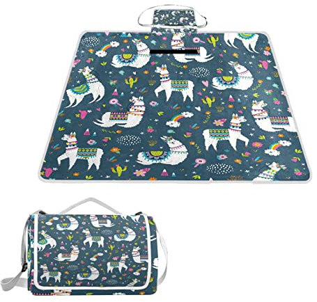 Picknickdecke Lama Kaktus Regenbogen Wasserdicht Picknickmatte Groß 145 x 150 cm Tragbarer Outdoor Strandteppich für Camping Park Reisen