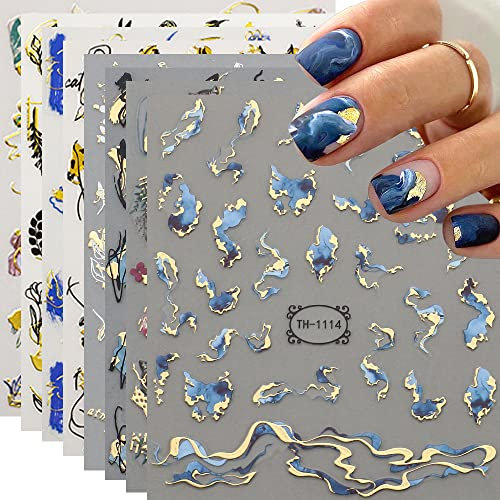 Nagelsticker Selbstklebend, 8Blatt French Nail Art Stickers Marmor Nagel Aufkleber Sticker 3D Gold Linien Blumen Nageldesign Sticker DIY Maniküre Dekoration