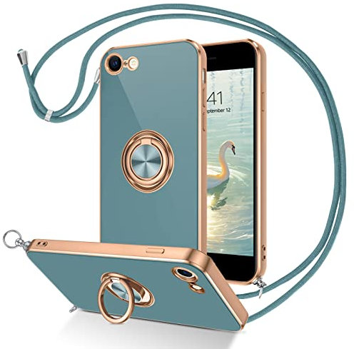 DUEDUE für iPhone SE Hülle mit Band 2020/2022, Handykette iPhone 8 Handyhülle mit Band 360 Grad Ring Stoßfeste iPhone 7 hülle mit Ringhaltung Soft Silikon TPU für iPhone 7/8/SE 2020/2022, Grün