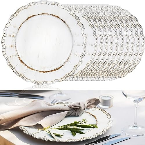 Dandat 18 Pcs New Year Antique Charger Plates 13'' Retro Dinner Plates Round Bead Rim Plates Heavyweight Embossed Plastic Disposable Plates for Graduation Anniversary Holiday Birthday Party(White)