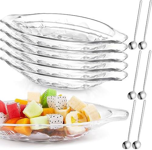 Mumufy Lot de 6 bols à glace en acrylique pour bananes 180 ml | Avec 6 cuillères en acier inoxydable, motif banane, assiettes de service transparentes pour fruits, yaourts, brownies, snacks