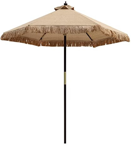 Parasol de Jardin Ø2.1M Parasol de Jardin Vintage, Parasol de Plage Style Hawaïen Extérieur, Décoration Faux Franges en Paille Artificielle, Poteau en Bois, Protection Uv, Kaki