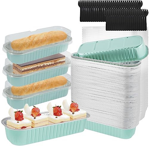 50set Mini Loaf Pans with Lids and Spoons 200ML Aluminum Foil Rectangle Bread Baking Pans Heat-Resistant Reusable Cake Baking Tins Mini Cupcake Cases for Brownie Cake Bread Take Out(Blue)