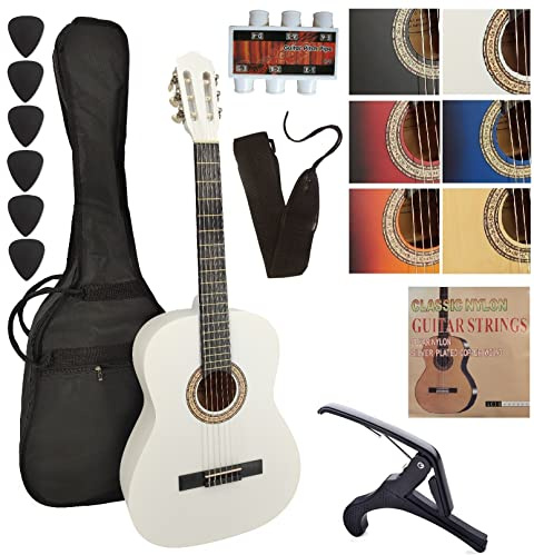 AMBRE Pack Guitare Classique 4/4 (Adulte) + 10 Accessoires (Housse, Support Mural, Accordeur, Sangle, Capodastre, Cordes, 6 Médiators, Boîte, Manivelle) + Cours Vidéo & CD (Blanc, 3/4, Gauche)