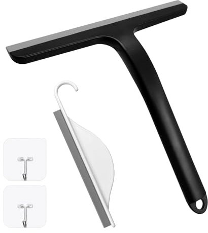 Daily Treasures 2 x Fensterabzieher für Duschglastür mit Haken und kleinem Abzieher, schwarzer Duschabzieher, Gummiabzieher 21,6 cm Griff, für Autofenster, Fliesen, Spiegel und Badezimmertüren