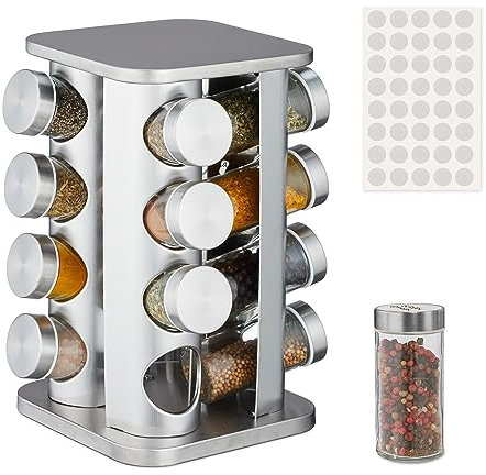 Relaxdays Gewürzkarussell, 16 Gewürzgläser, 40 Etiketten, 360° drehbar, Edelstahl, Glas, HxBxT: 28 x 20 x 20 cm, silber