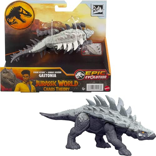 Mattel Jurassic World Strike Attack - Giocattolo dinosauro con azione Single-Strike e articolazioni mobili, Gastonia Action con gioco digitale