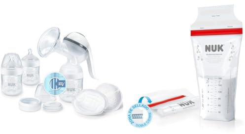 NUK Nature Sense Handmilchpumpe | Still-Set mit Handmilchpumpe, Babyflaschen & Ultra Dry Comfort Stilleinlagen | 6 Stück & Muttermilchbeutel, platzsparend & sofort verwendbar