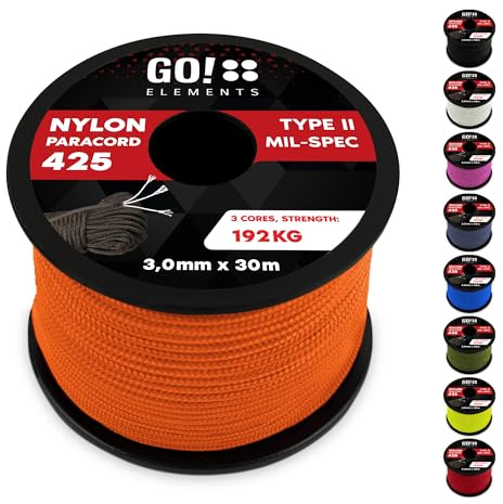GO!elements Paracord Seil aus reißfestem Nylon - 3mm Paracord 425 Typ II max. 192kg - Schnüre als Outdoor Seil, Allzweckseil, Survival Seil, Armband, Hundeleine, Nylonschnur